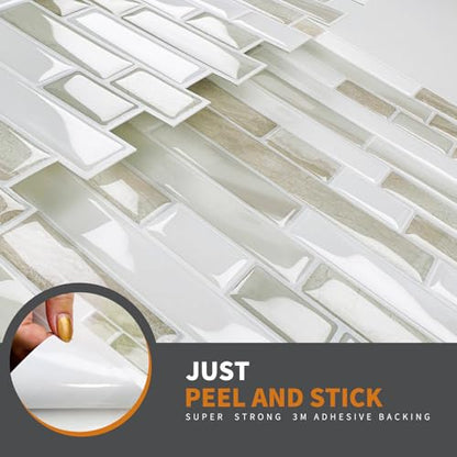 Yipscazo 10 Sheets Peel and Stick Backsplash for Kitchen,12''x12'' Waterproof Stick on Backsplash Smart Tiles for Bathroom,Removable Self Adhesive Wall Tiles (Marble Beige&White) - color: Marble Beige&white