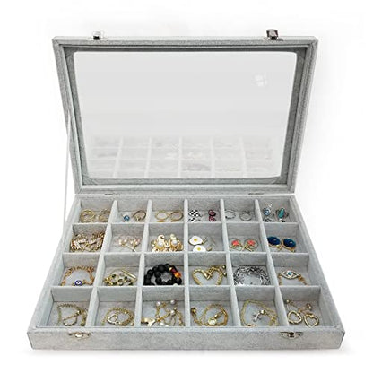 Removable 24 Grids Jewelry Organizer Box Ice Velvet Clear Lid Jewelry Tray Display Case for Earrings Rings Bracelet Grey - color: 24 Grids