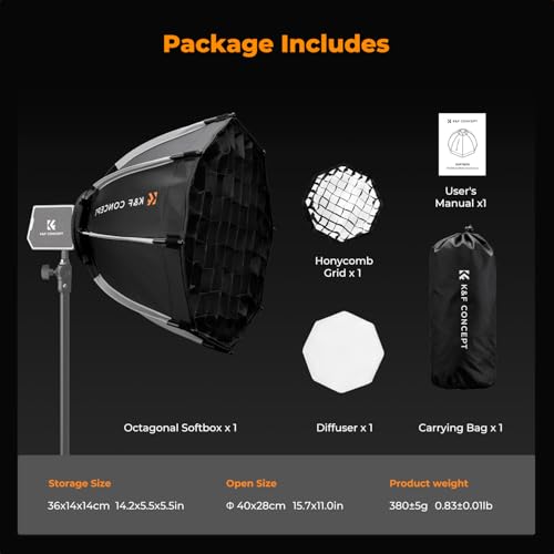 K&F CONCEPT 15.7"/40cm Octagonal Softbox, Quick Folding Quick Set Up Compatible with PL-60B COB LED Video Light with Diffusers/Honeycomb Grid/Bag