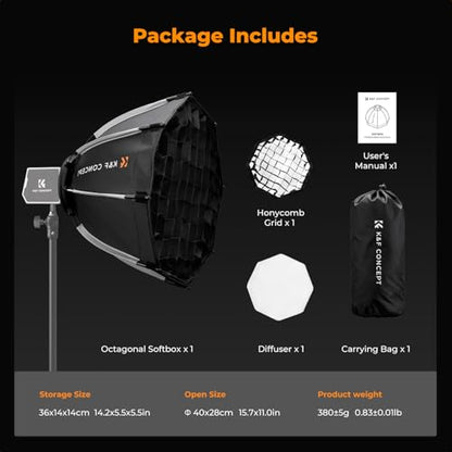 K&F CONCEPT 15.7"/40cm Octagonal Softbox, Quick Folding Quick Set Up Compatible with PL-60B COB LED Video Light with Diffusers/Honeycomb Grid/Bag