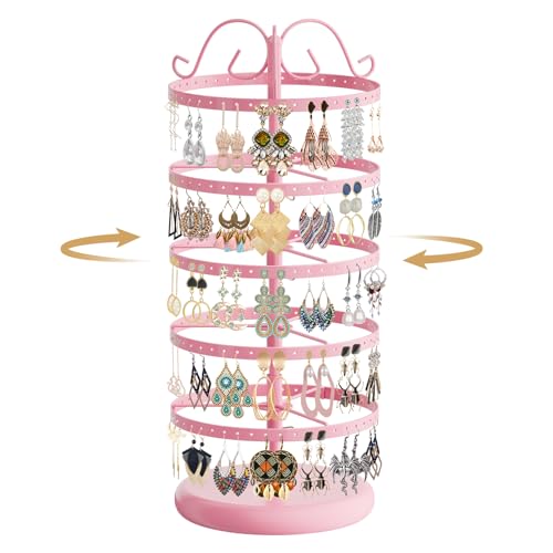 MODOWEY 5 Tiers Metal Rotating Earring Holder Organizer Stand Adjustable Display Tree, 220 Holes Large Carousel Rack for Stud Hoop Pierced Dangling Women, Ideal View for Earrings, Light pink - color: Pink, size: 5 Tier, 220 Holes
