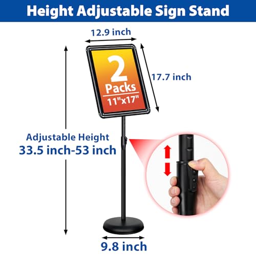 2-Pack 11x17 Inch Adjustable Sign Stand & Floor Standing Sign Holder - Pedestal Poster Stand with Vertical & Horizontal View Display for Indoor/Outdoor Business & Store Signage (Black) - color: Black, size: 11"x17"-2Pack