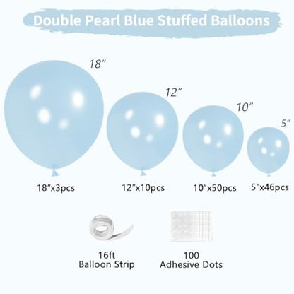 Double Pearl Blue Stuffed Balloons Different Size 115Pcs 5/10/12/18" Light Blue Balloon Arch Kit for Birthday Baby Shower Bridal Shower Engagement Ocean Under the Sea Frozen Theme Party - color: Pearl Blue