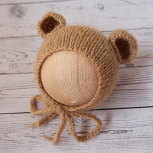 Newborn Photography Props Boys Girls Outfits Mohair Bear Hat Bonnet & Footed Romper Bodysuit Photoshoot Costume Set - color: Camel