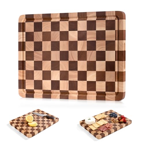 WILLKOMMEN Checkered Cutting Board for Kitchen– Wood Checkerboard End Grain Chopping Board 1" Thick Butcher Block with Juice Groove & Handle, Reversible for Cooking and Serving (Rectangular) - style: Rectangle Checkerboard-1 pack