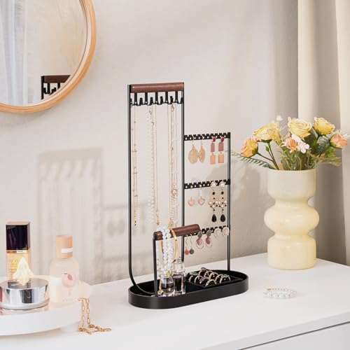 ProCase Jewelry Organizer Tower, 10 Hooks Jewelry Storage Rack Tree Holder Stand with Velvet Ring Display Tray for Necklaces Bracelets Earrings Rings Watches -Black - color: Balck