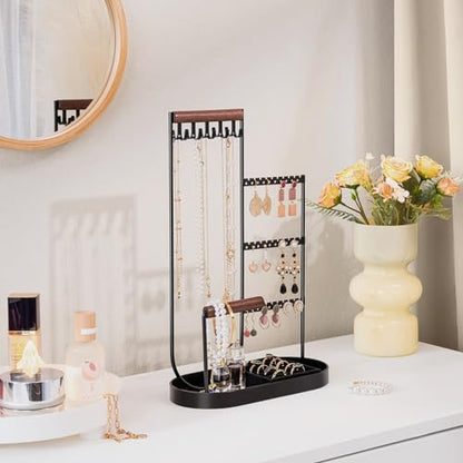 ProCase Jewelry Organizer Tower, 10 Hooks Jewelry Storage Rack Tree Holder Stand with Velvet Ring Display Tray for Necklaces Bracelets Earrings Rings Watches -Black - color: Balck
