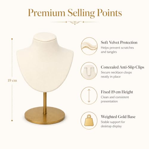 Necklace Display Stand For Selling Velvet Chain Jewelry Bust Holder Organizer With Stainless Steel Stand Jewelry Display - color: Beige-White-7.08in