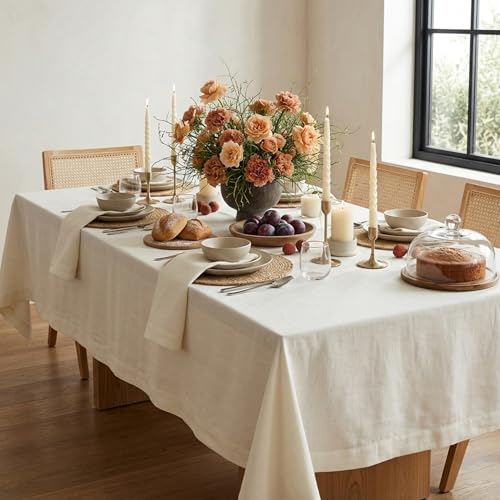 Solino Home Ivory Linen Tablecloth 60 x 144 Inch - 100% Pure Linen Table Cloth for Rectangle Tables - Fete, Machine Washable Tablecloth for Spring, Summer, Mothers Day - color: 02: Ivory, size: 144" x 60" (Rectangular)