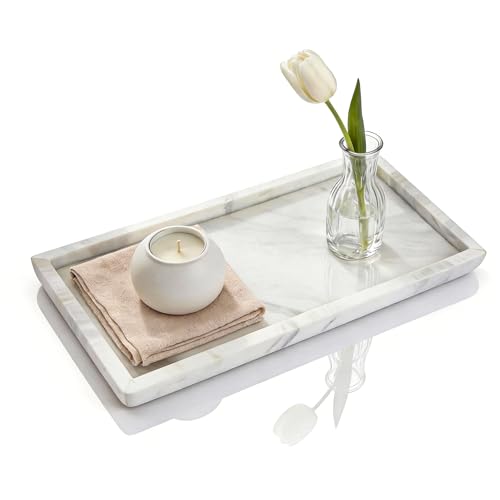 Natural Marble Vanity Bathroom Tray, 12 x 6 Inch Elegant Home Decor Tray for Kitchen,Bathroom,Dresser, Coffee Table,Sink Storage Holder Organizer, Jazz White (NS051) - color: Jazz White Marble, size: 12" x 6.1" x 0.8"