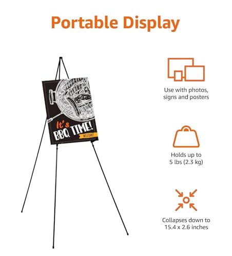 Amazon Basics Easel Display Stand, Instant Floor Poster, Lightweight, Collapsible and Portable with Tripod Base, Black Steel (supports 5 pounds)