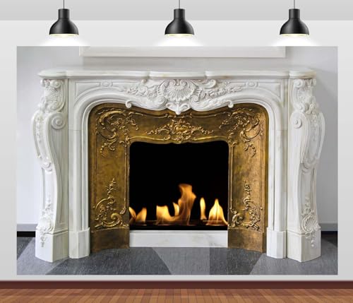 10x8ft White Marble Fireplace Backdrop Interior European Style Stone Fireplace Photo Backdrop Winter Christmas Fireplace Photography Background Home Decor Photo Booth - size: 10x8FT