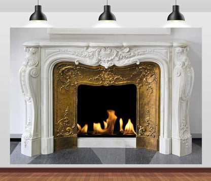 10x8ft White Marble Fireplace Backdrop Interior European Style Stone Fireplace Photo Backdrop Winter Christmas Fireplace Photography Background Home Decor Photo Booth - size: 10x8FT