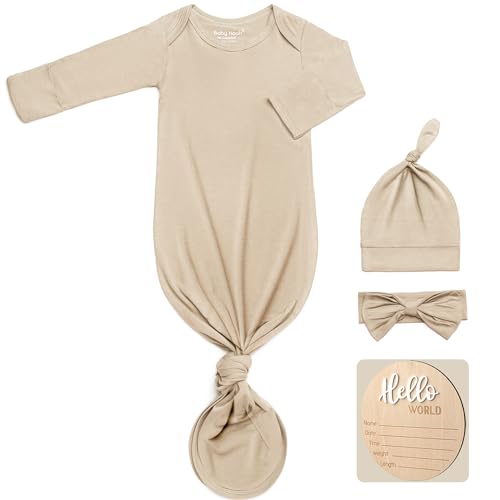 Hello World Newborn Outfit Knotted Gown 0-3 Months, Baby Girl Boy Coming Home Sleeper with Sign - color: Khaki, size: Newborn