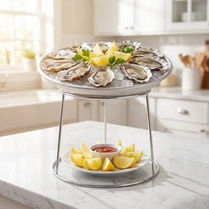 SHOWERORO Two Tier Seafood Plate Rack Stainless Steel Double Layer Pizza Holder Stand for Serving Platters Ideal for Bbq Hotpot and Kitchen Display