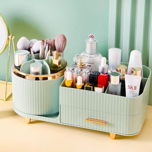 Rotating Makeup Organizer for Vanity with Brush Holder and Drawer, Cosmetic Makeup Storage, Large Spinning Makeup Skincare Organizer, Countertop Makeup Perfume Organizer, Lotions Display Case (Green) - color: With Drawer-Green