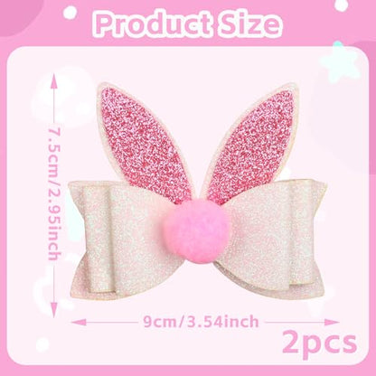 2Pcs Easter Hair Clips Glitter Bunny Ears Bows Hair Barrettes Pink White Rabbit Ears Hair Accessories for Easter Party Supplies