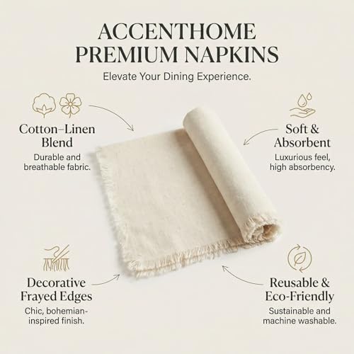 ACCENTHOME Natural Cotton Linen Napkin Set of 12 18x18 inch Dinner Napkins - Washable Soft Premium Hotel Quality Reusable Hemmed Edges Napkins Perfect Table Linens for Family Dinners, Weddings - color: 01 - Natural, size: 18"x18" - Pack of 12