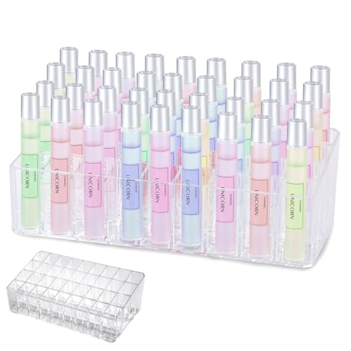 Rollerball Perfume Organizer, Beauty Scent Holder, 36 Space Clear Acrylic Perfume Organizer Refillable Container Tall Scented Oil Storage Display Case, Makeup Lipgloss Lipstick Display Case