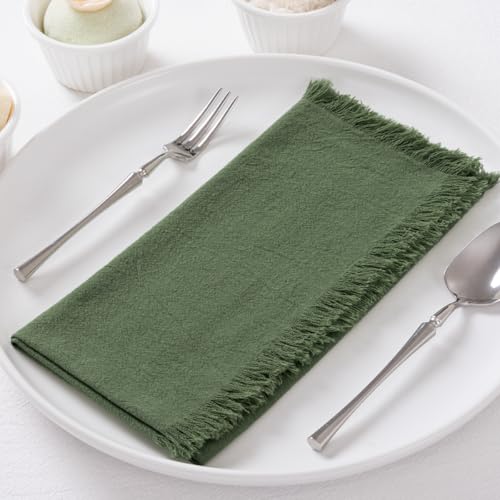 DeZerlor 12 Pack Olive Green Cotton Linen Napkins with Fringe Green Cloth Napkins Set of 12 Boho Handmade Dinner Table Napkins for Wedding Bridal Baby Shower Tea Party, 17 x 17 Inches - color: Olive Green, size: 17" x 17" (Set of 12)
