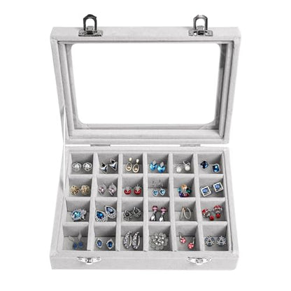 Velvet Jewelry Box 24 Grid Jewelry Earrings Display Organiser Box Ring Tray Holder Earrings Storage Case for Girls Women Wife Mom (Gray) - color: Gray