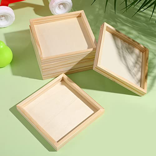 6pcs Unfinished Art Wood Tray Craft Painting Wood Panel Boards Square Montessori Tray Wooden Canvas Boards with Frame for Home Decor and Craft Projects - Painting Puzzle Blocks for Kids, 4.7"