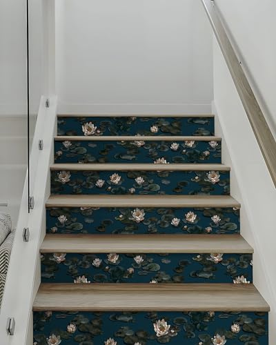 Vinjiasin Dark Blue Floral Peel and Stick Wallpaper Vintage Navy Blue/Green Flower Contact Paper Lotus Removable Oil Painting Wallpaper for Bathroom Bedroom Art Deco Vinyl Roll 17.3''×197'' - color: Dark Blue and Green, size: 17.3" x 197"