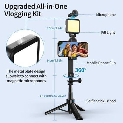 yAyusi Vlogging Kit for iPhone/Android，31" Selfie Stick Tripod with Light, Microphone, Remote Control ＆ Storage Boxes, YouTube Starter Kit for Interviews, Vlogs, TikTok, YouTube Video Recording