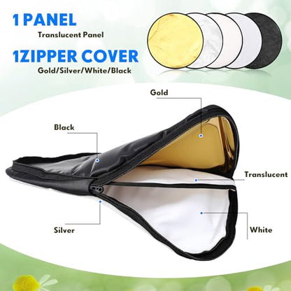 Yuntau Photography Reflector 5 in 1 Light Reflectors for Photography Collapsible Photoshoot Props with Bag for Photo Studio Lighting, Translucent, Silver, Gold, White and Black(12 Inches) - size: 12 Inches