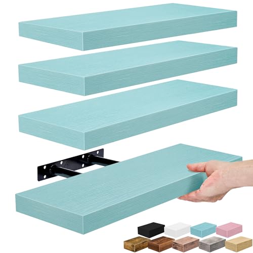 Sorbus Floating Shelves for Wall – 16 Inch Floating Shelf for Kitchen, Bedroom, Living Room, Bathroom, Home & Wall Decor - Mounted Bathroom Shelves with Invisible Brackets (Breezy Blue, 4 Pack) - color: Breezy Blue, size: 4 Pack