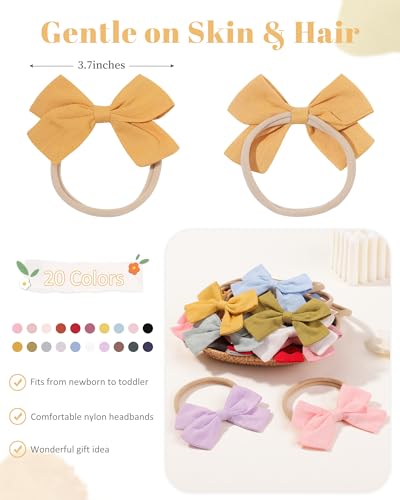 jollybows 20pcs Baby Girls Nylon Hair Bows Headbands Linen Hair Bands Elastic Hair Accessories for Kids Infants Newborn - color: 1- 20PCS baby bows