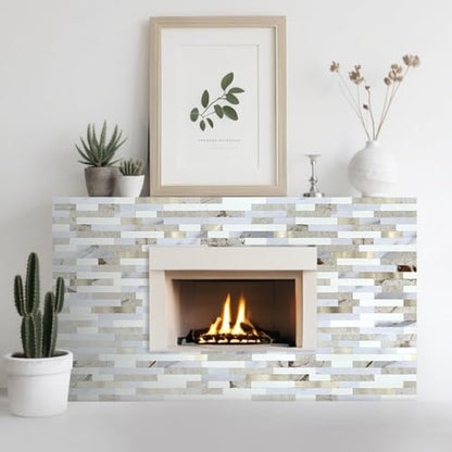 AULIGET 2 Sheets Faux Stone Peel and Stick Backsplash, Beige & White Marble Look PVC Wall Tile Stick on Backsplash for Kitchen and Bathroom - color: Beige & White Marble + Metal Gold, size: 2 Sheets, 6"x12"x0.12"