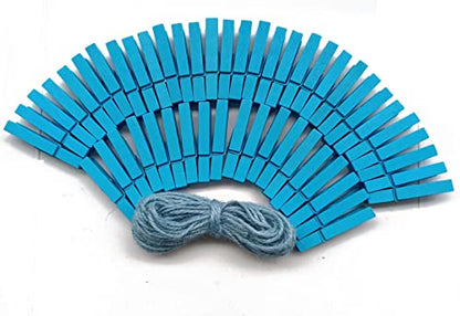 1.9" Wooden Clothespins Hanging Clothes Pins Clip Photo Holder DIY Gift Festive Party Decor with Bright Blue Jute Twine Pack 50 - color: 50pcs (2 Inch) Light Blue + Jute Twine