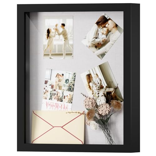 Muzilife 8.5x11 Shadow Box Picture Frame with Linen Board - Wood Display Case Deep Frame with Glass Cover, Ready to Hang Awards, Medals, Tickets, Wedding Memories, Flower and Photos, Black - color: Black, size: 8.5x11