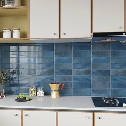 VEELIKE Cobalt Blue Peel and Stick Backsplash Tile 6 Sheets 12''x12'' Stick on Subway Tile Backsplash for Kitchen Bathroom Self Adhesive Waterproof Navy Blue Wall Tiles for Fireplace Laundry Room - color: Blue, size: Box of 6 Tiles