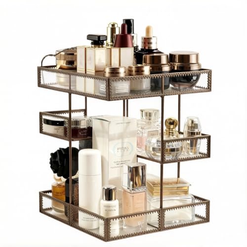 360 Rotating Glass Makeup Organizer, Spinning Vanity Cosmetic Storage with Multi-Layer Compartments, Luxury Countertop Rotating Makeup Holder for Skincare, Perfume, Cosmetics - color: Brass
