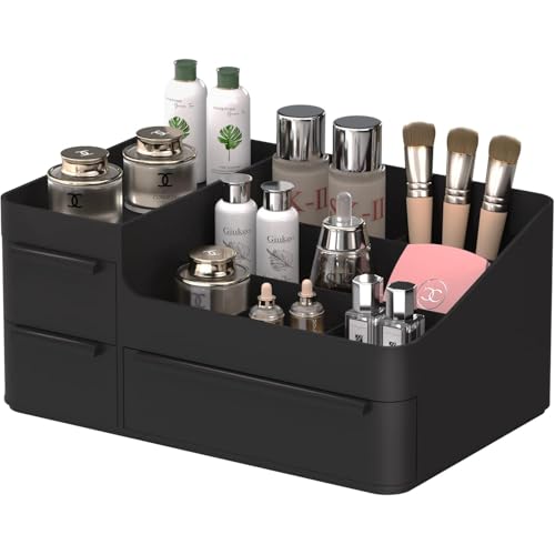 Makeup Organizer with Drawers, Countertop Organizer for Vanity, Bathroom and Bedroom Desk Cosmetics Display Case for Brushes, Lotions, Perfumes, Eyeshadow, Lipstick and Nail Polish - color: Black