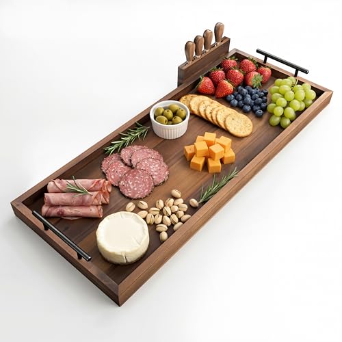 TIDITA Acacia Large Charcuterie Boards for Party with Cheese Knife Set of 4 – Acacia Wood Serving Tray with Handles, Long Charcuterie Board, Wooden Cheese Board (Walnut Color, 30 Inch) - color: Walnut Color, size: 30" x 12" x 1.5"