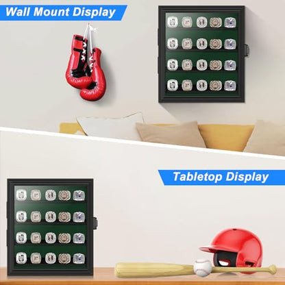 Championship Ring Display Case, Lockable Baseball Ring Holder with 20 Posts, Wooden Shadow Box Wall Mount for Multiple Rings - size: 20 Posts-Rectangle