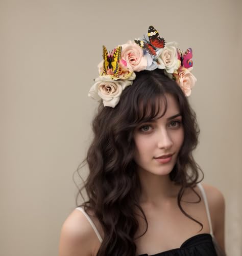 Elegant Butterfly Flower Headband for Women Boho Handmade Rose Floral Crown Wedding Bridal Festivals Cosplay Prom Photo Props Headpiece (A3 blue, Adjustable) - color: A3 blue
