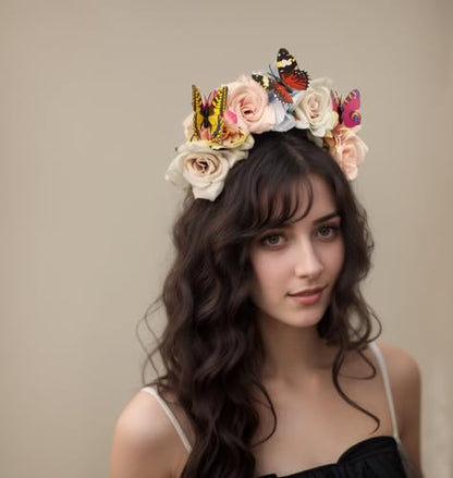 Elegant Butterfly Flower Headband for Women Boho Handmade Rose Floral Crown Wedding Bridal Festivals Cosplay Prom Photo Props Headpiece (A3 blue, Adjustable) - color: A3 blue