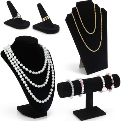Leinuosen 5 Pcs Velvet Jewelry Display Set for V-shaped and Flat Necklace Stand Ring Finger Holder T Shape Bracelet Stand