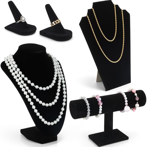 Leinuosen 5 Pcs Velvet Jewelry Display Set for V-shaped and Flat Necklace Stand Ring Finger Holder T Shape Bracelet Stand