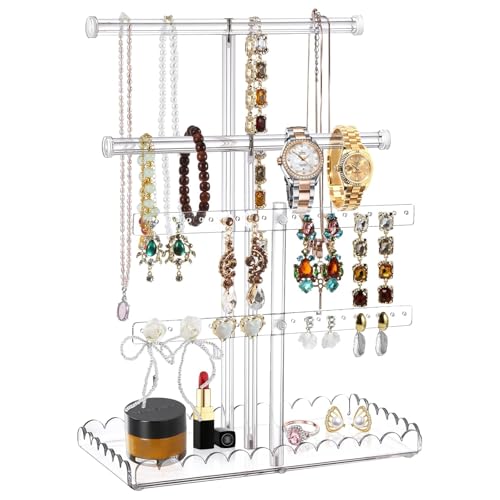 Acrylic Jewelry Stand with Scalloped Tray, 14" 4-Tier Tall Tangle-Free Necklace Holder Bracelet Hanging Jewelry Organizer for Bangles Earrings Watch, Tower Tray Storage for Gift Ring Perfume - color: Clear-Scalloped Tray, size: 4-tier
