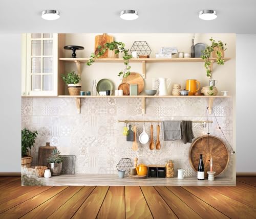 BELECO 12x8ft Fabric Vintage Kitchen Backdrop Kitchen Utensils Shelves Dishes Plates Kitchen Interior Background Chef Kitchen Baking Cooking Party Decorations Photoshoot Booth Studio Props - size: 12x8ft