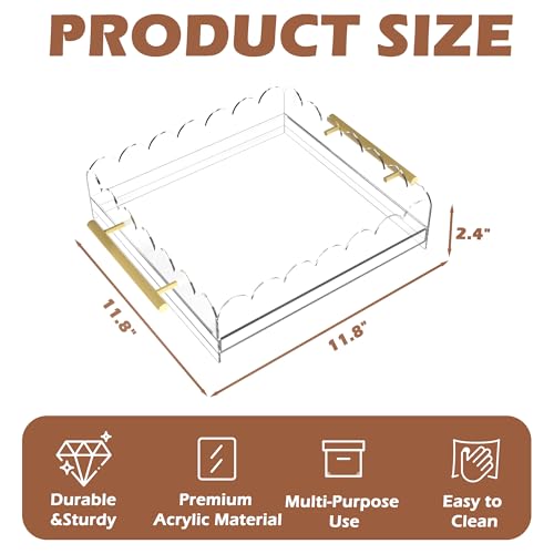 Scalloped Acrylic Tray, 12" x 12" Acrylic Trays for Needlepoint with Metal Handles and Pull-Out Drawer for Photos, Art Prints, Postcards, Decorative Organizer Trays for Vanity & Home - size: 12" x 12" x 2.4"