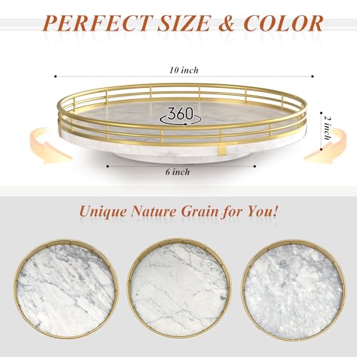 White Marble Lazy Susan Turntable for Table Top – 10” Round Marble Tray Organizer for Bathrroom, Vanity, Dining Table, Kitchen Countertop & Bar, Luxury Stone Serving Tray with Gold Frame - color: White & Gold, size: 10 inches