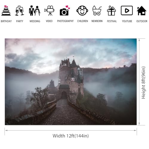 12x8ft Medieval Mysterious Castle Backdrop Gothic Misty Forest Magical Castle Photography Background Halloween Party Decorations Banner Adults Kids Portrait Photo Shoot Studio Props - color: Color C, size: 12x8ft