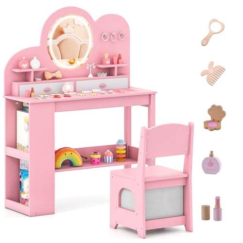 Costzon Kids Vanity, Girls Vanity Set with Lighted Mirror, Bookshelf, Drawers, Hooks & Storage Shelves, Toddler Makeup Vanity Desk Dressing Table, Wooden Kids Vanity Table and Chair Set (Pink) - style: Pink with Bookshelf