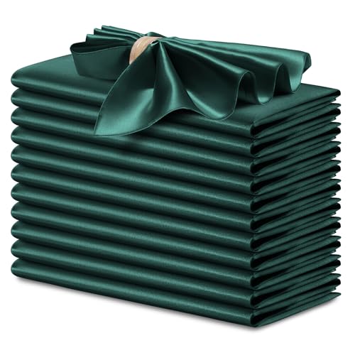 P Pothuiny 12 Pcs Silky Green Satin Napkins 17 x 17 Inches, Square Smooth Wedding Dinner Napkins Satin Cloth Napkins Table Napkins for Banquet Party Restaurant Decor, Thanksgiving, Christmas - color: Green